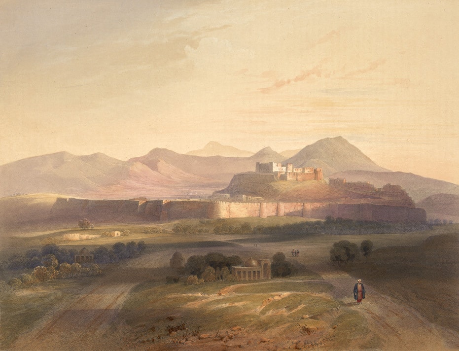 A lithograph of the town and citadel of Ghazni seen from near mosques outside the Kandahar Gate.
