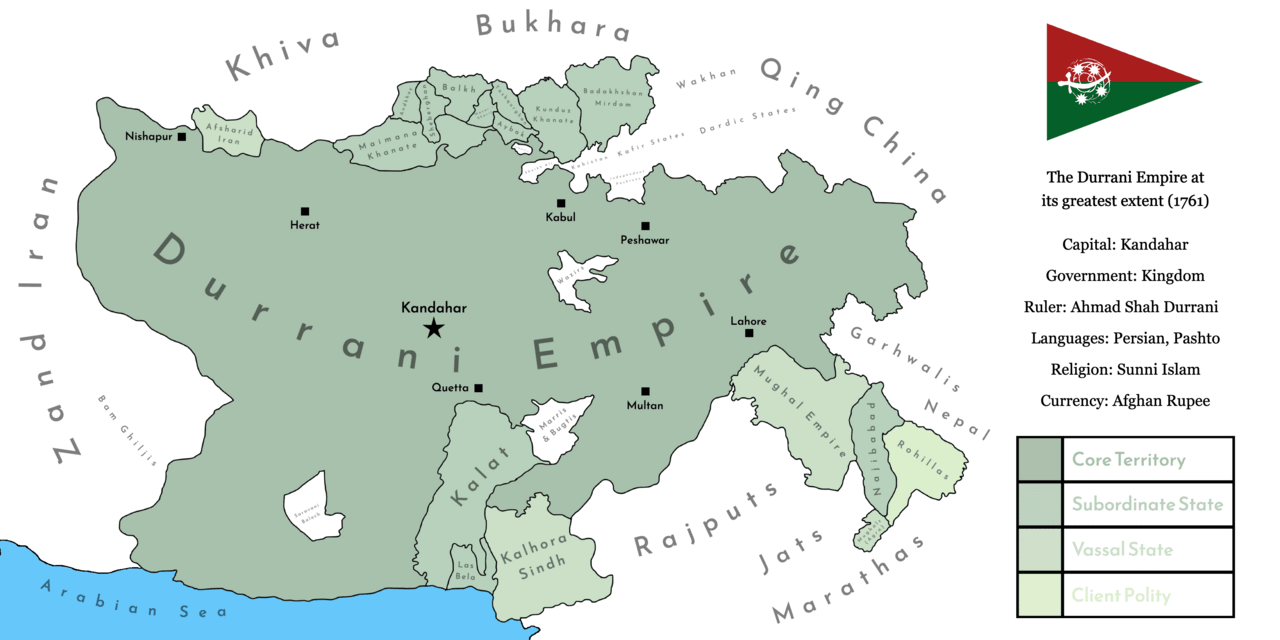 Map of the Durrani Empire in 1761 across Afghanistan, eastern Iran and northern India.