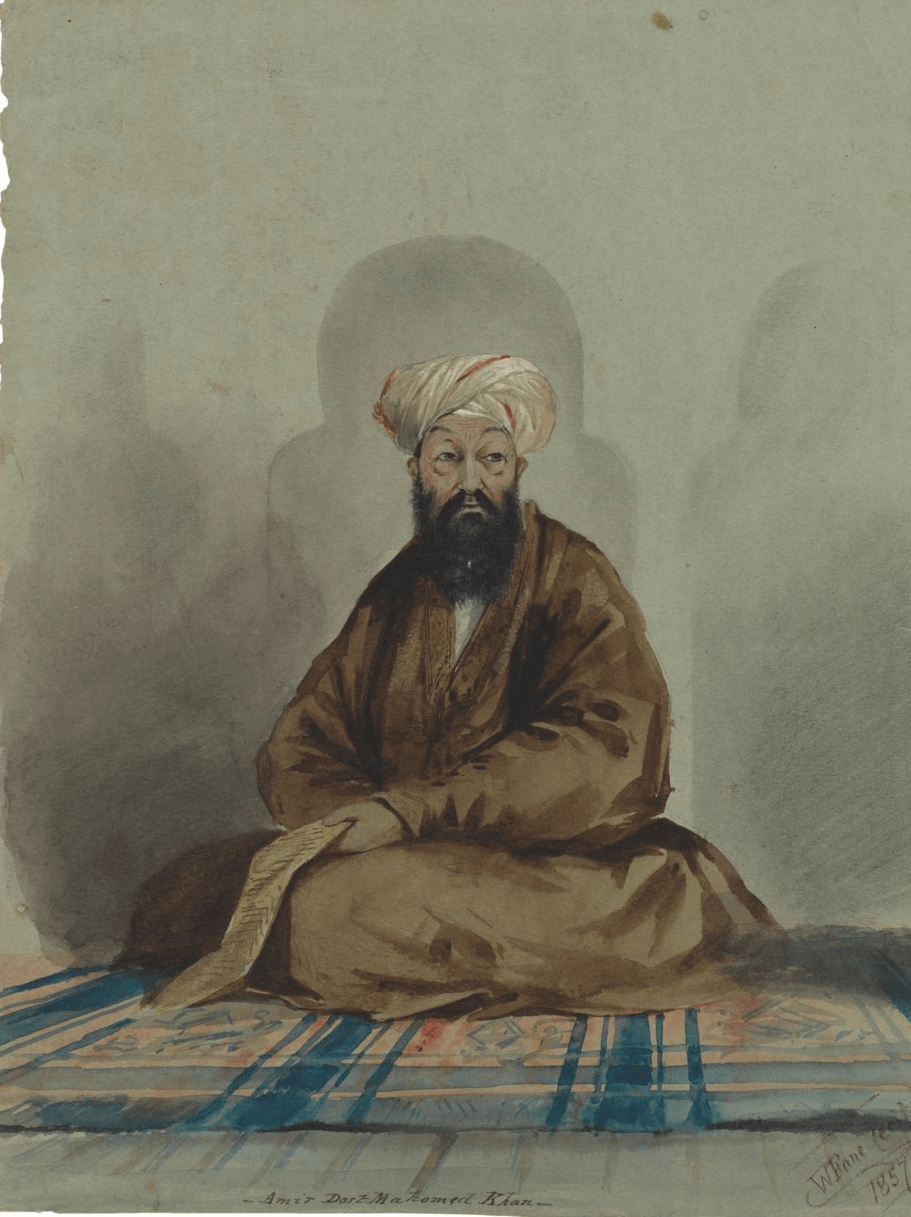 A portrait drawing of Dost Mohammad Khan in his later years, wearing a turban and robe.