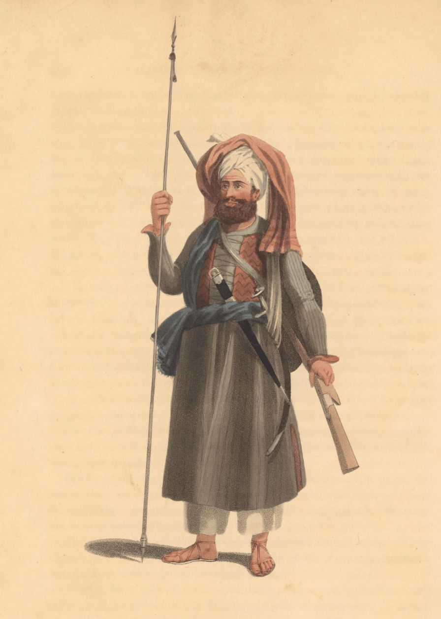 A drawing of an armed Yusufzai man in turban and tunic, from Elphinstone's book.