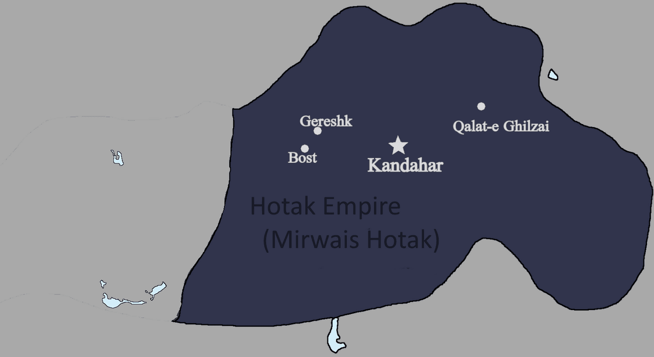 Modern map showing the territory held by Mirwais Hotak around Kandahar in 1715.