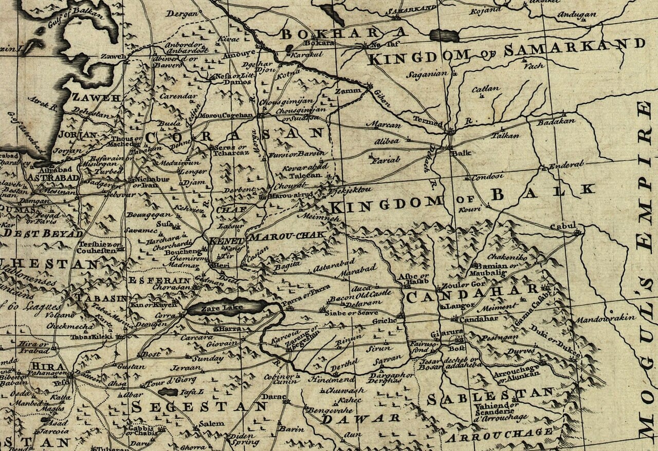 An eighteenth-century map of Afghanistan and its neighbours under the Safavid and Mughal empires.