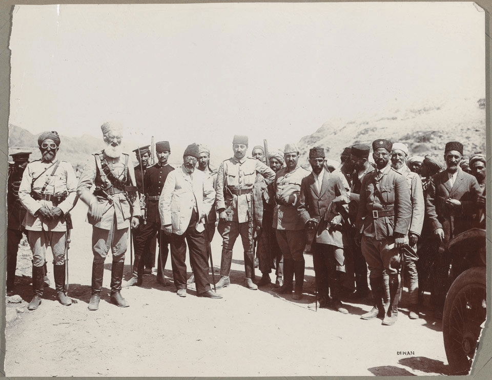 A black-and-white photograph of the Afghan delegates to the 1919 peace talks.