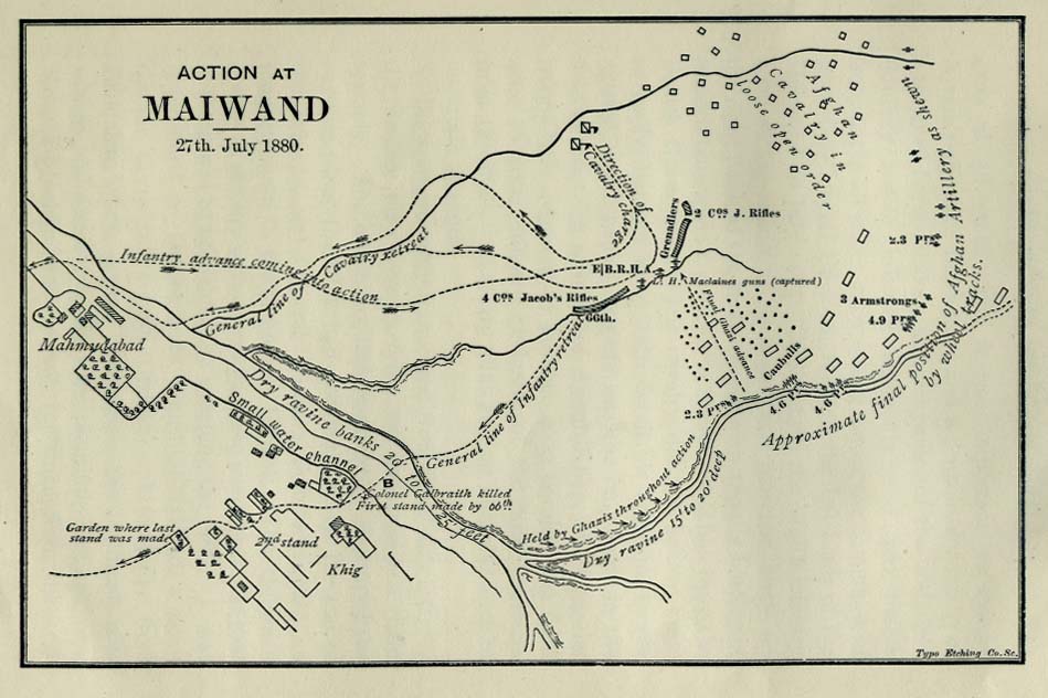 A battle plan of the action at Maiwand showing the positions of the two armies.