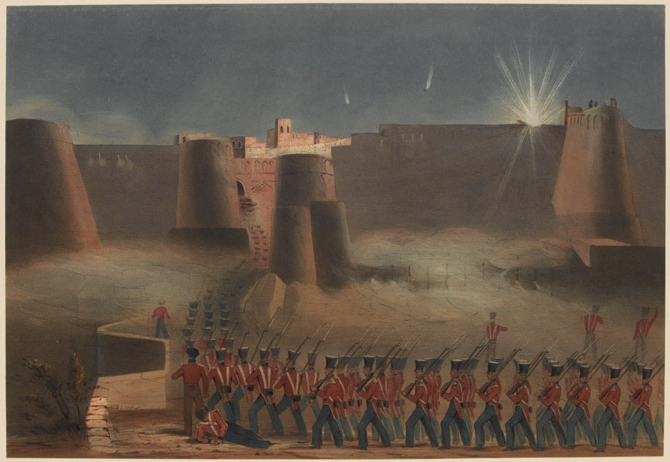A coloured lithograph of soldiers rushing through a gateway into the fortress of Ghazni.