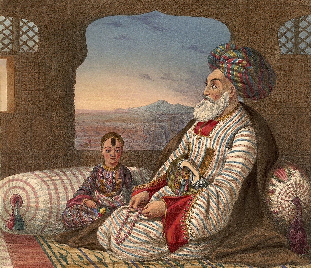 A lithograph of Dost Mohammad seated with his youngest son beside him.
