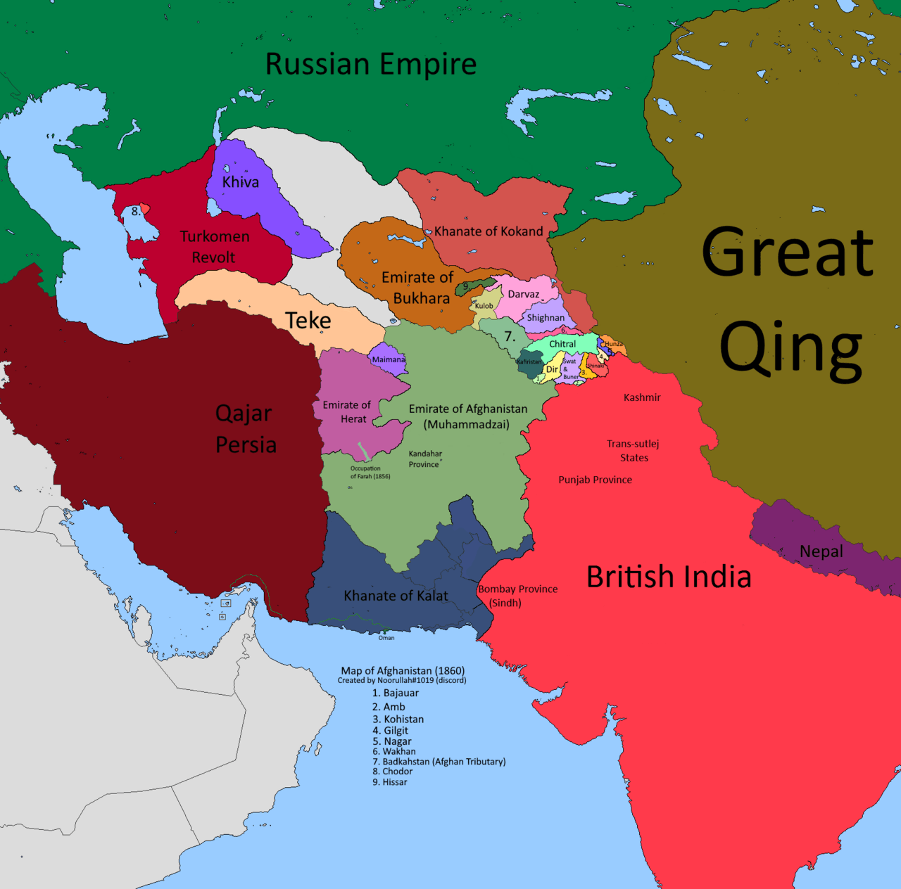 A modern map showing Afghanistan and its neighbours in 1860.