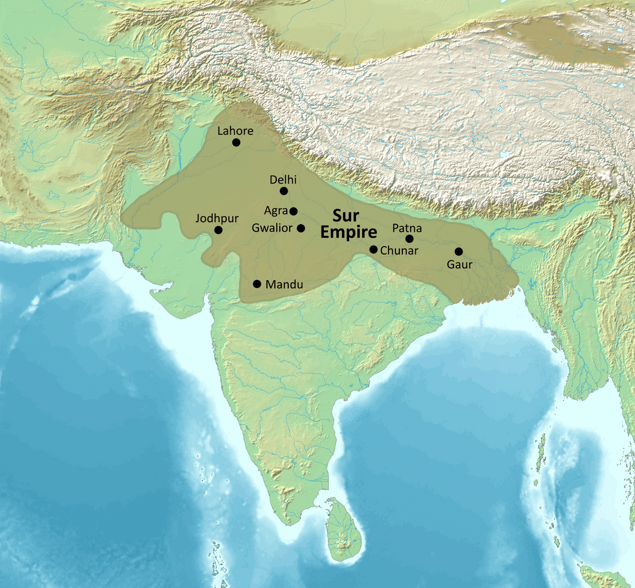 A map of north India and Afghanistan showing the extent of the Sur Empire.
