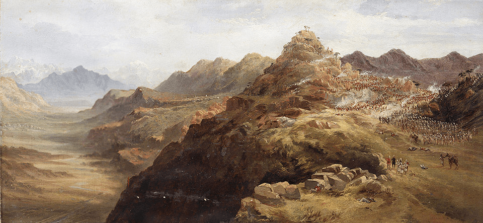 An oil painting of British Indian troops fighting tribesmen on a mountainside at Ambela.