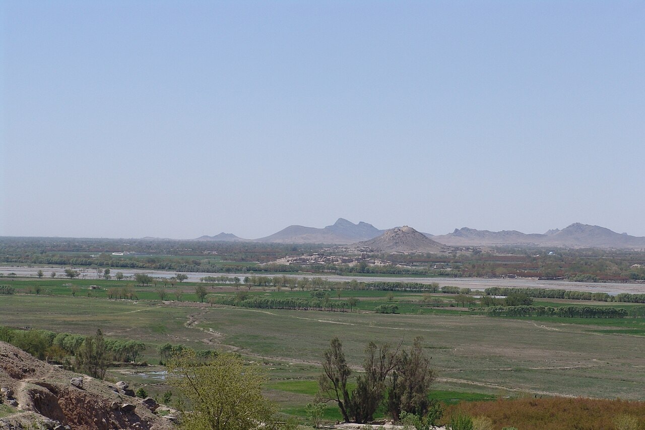 Green orchards and fields in the Arghandab valley near Kandahar.