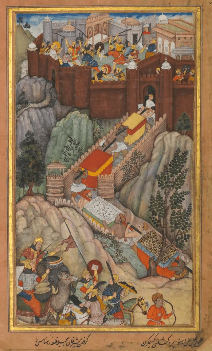 A Mughal painting of soldiers taking the hilltop fort of Rohtasgarh.