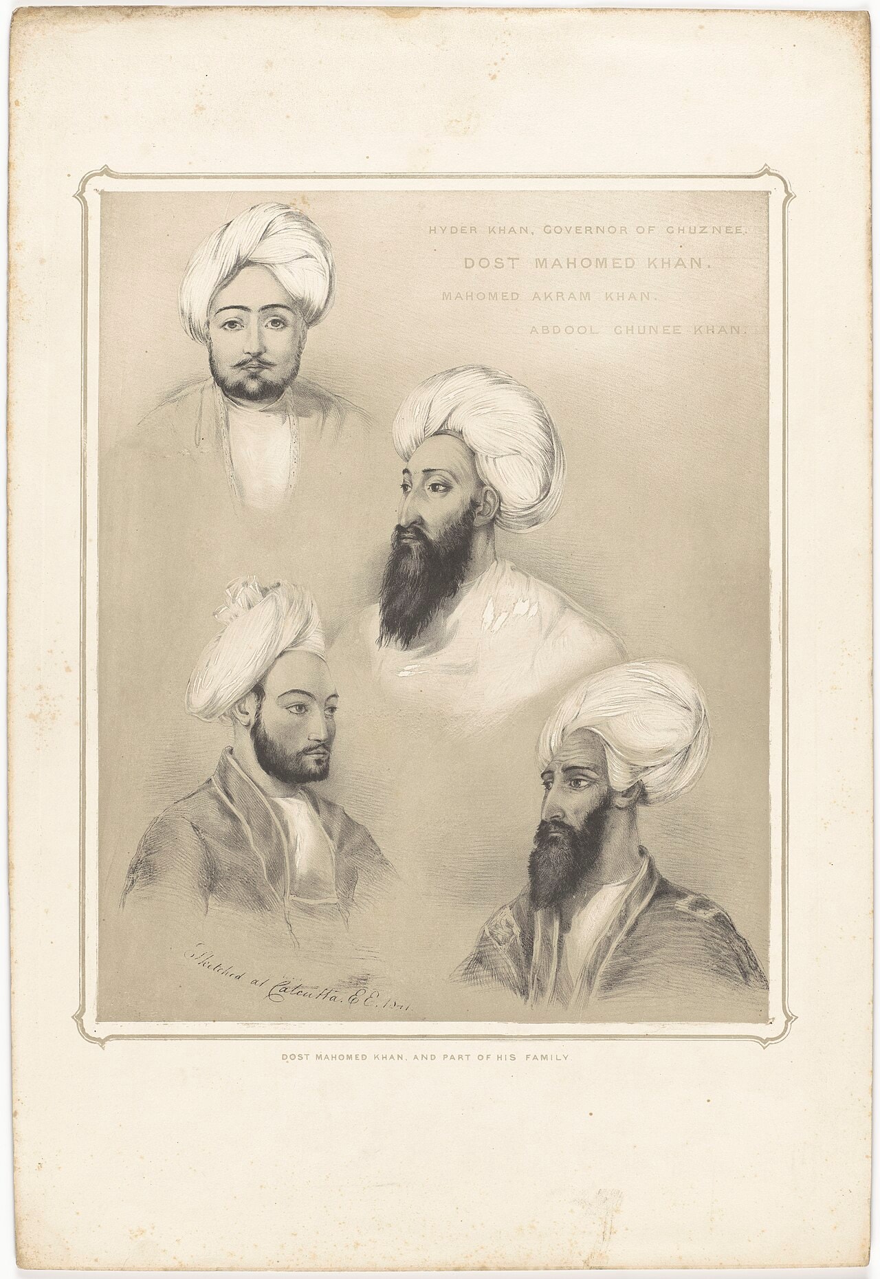 A lithograph of Dost Mohammad Khan seated among several of his sons.