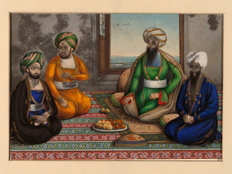 A painting of Dost Mohammad seated on a carpet with three of his sons.