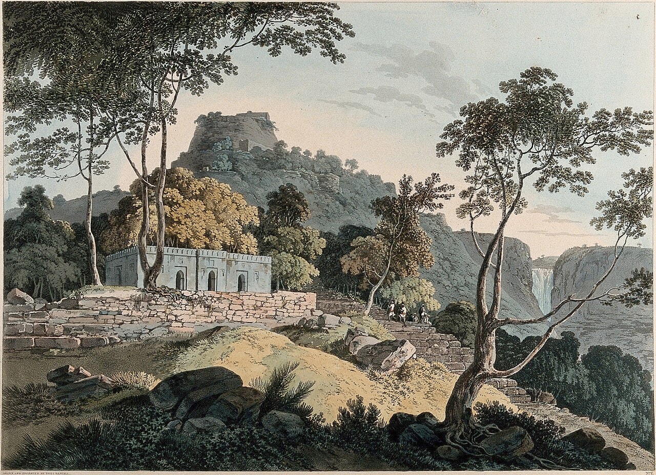 A painting of the hill fort of Rohtasgarh in Bihar with its walls on a steep rock.