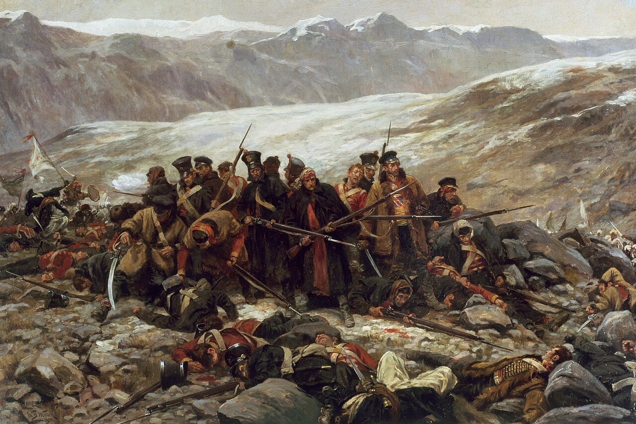 A painting of British soldiers making a last stand on a hill in the snow.