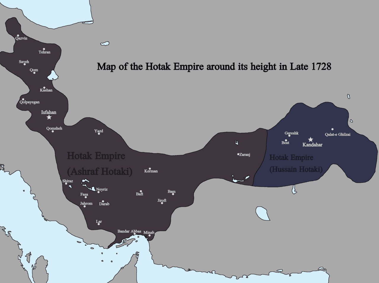 Modern map of the Hotak realm in late 1728, covering Kandahar, Zamindawar and much of Persia.