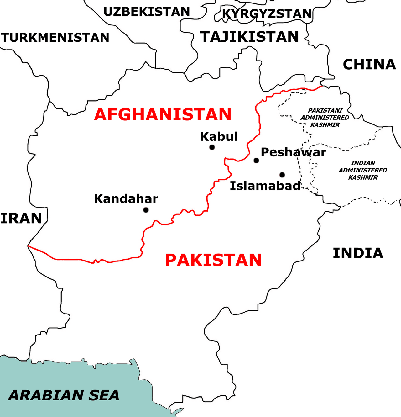 A map of Afghanistan and Pakistan with their shared border marked in red.