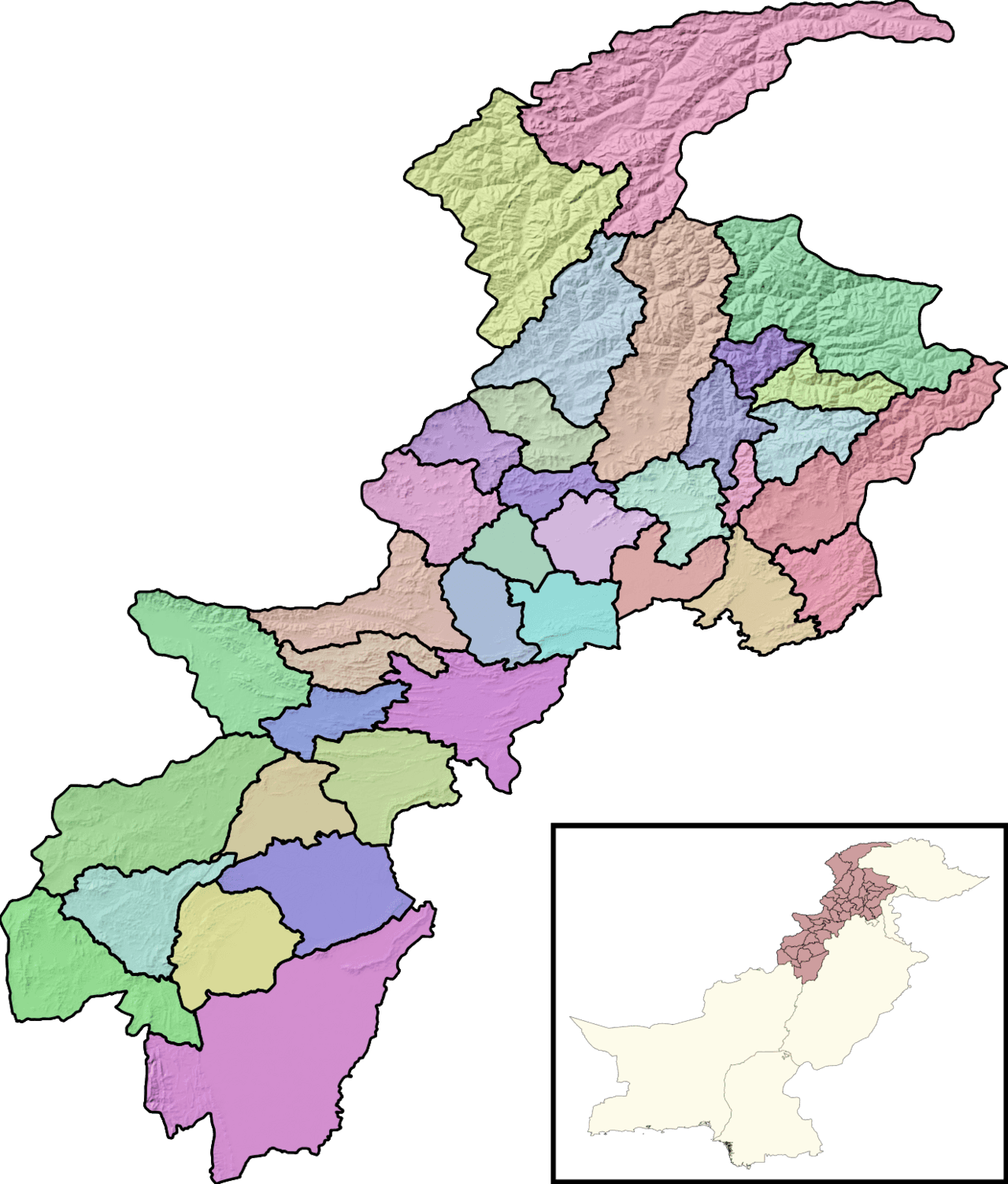 A relief map of Khyber Pakhtunkhwa with its districts outlined.