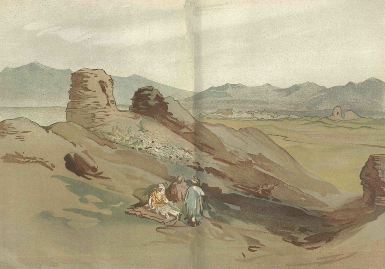 A watercolour drawing of ruined Buddhist stupas on a hillside at Hadda.