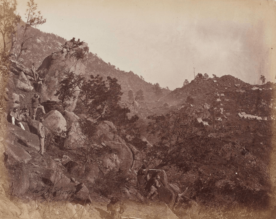 A drawing of a British picket and camp in the hills during the 1863 frontier expedition.