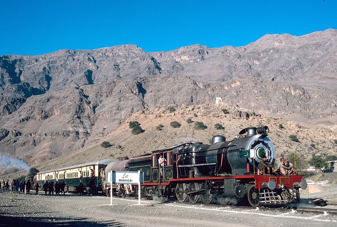 A steam train waiting at Shahgai station on the Khyber Railway.