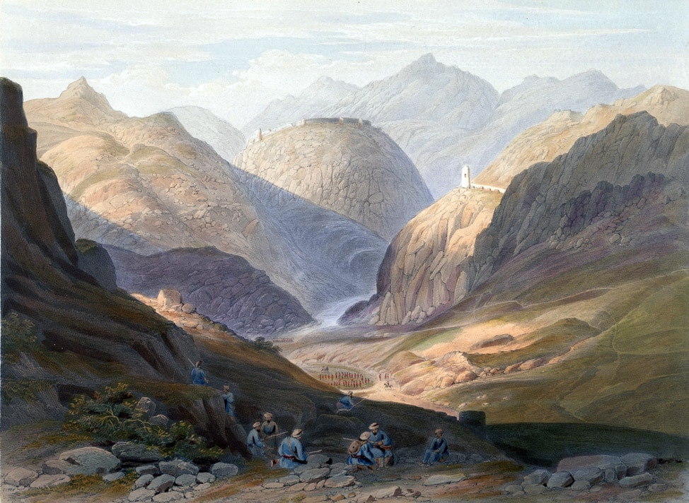 A lithograph showing the fortress of Ali Masjid above a narrow gorge in the Khyber Pass.