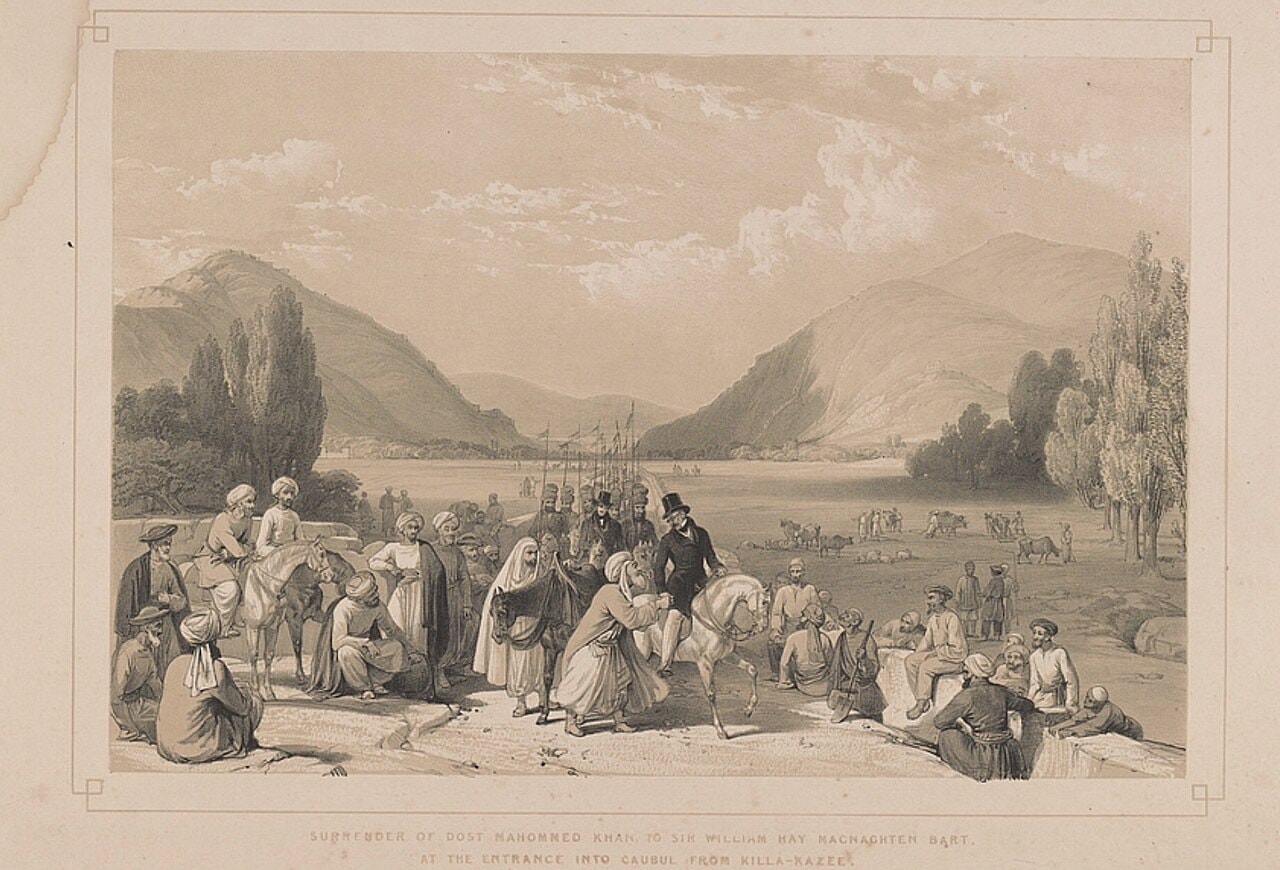 A print of the Afghan amir Dost Mohammad on horseback meeting the British envoy and his companions.