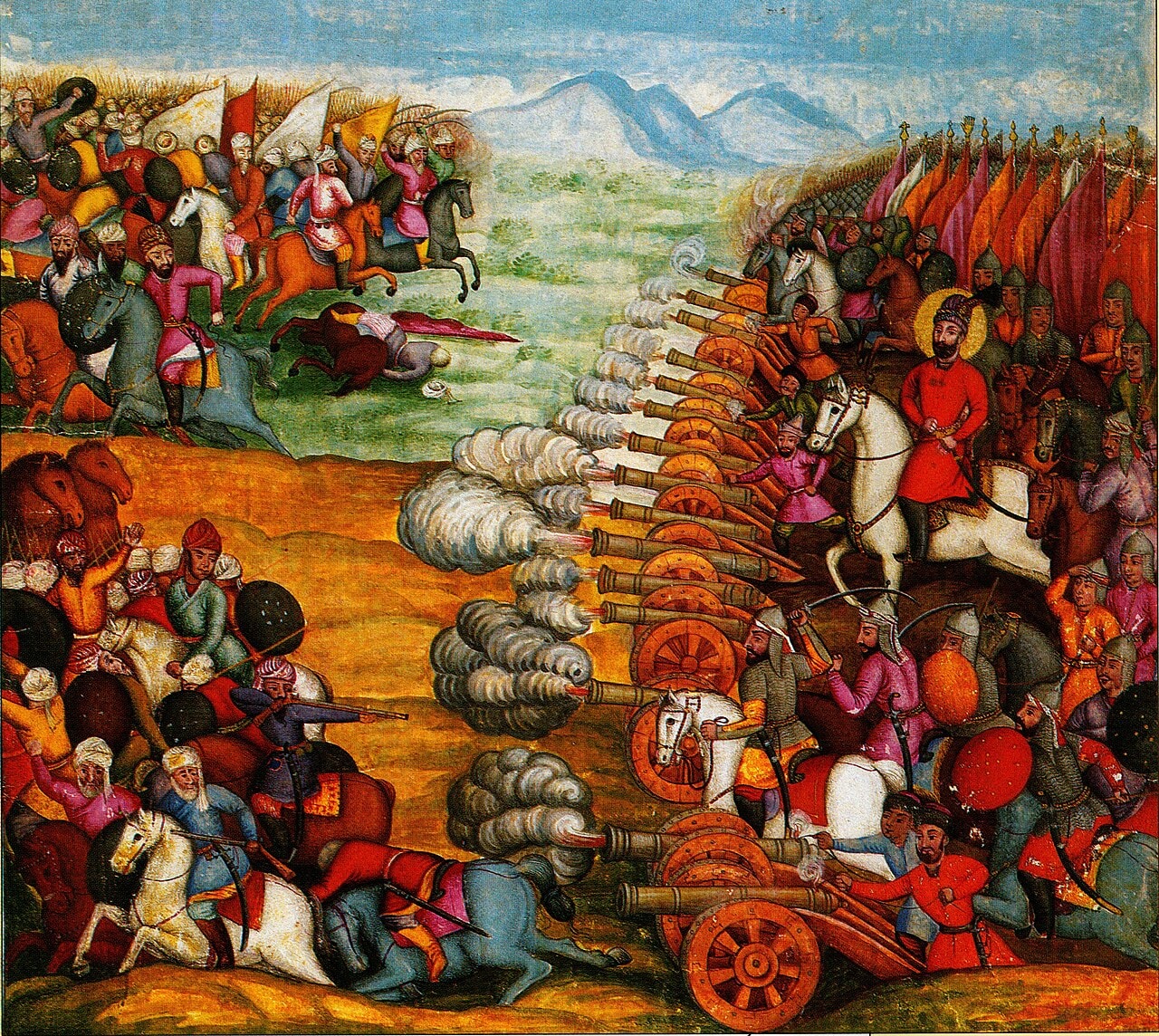 A Persian miniature painting of a battle between Nader's army and the Afghans at Mehmandust.
