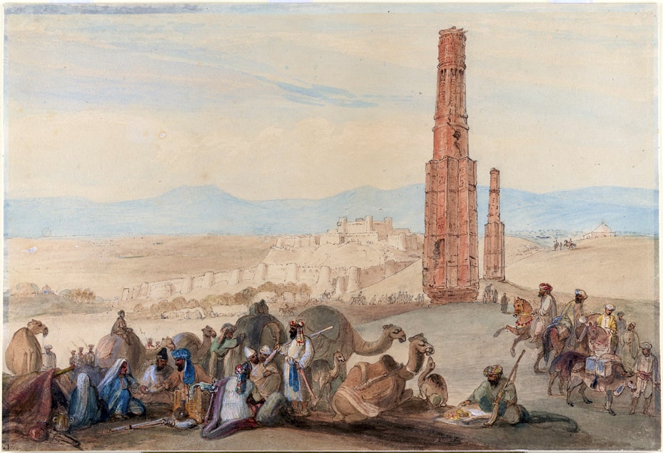 A painting of the fortress and citadel of Ghazni with two tall minarets.