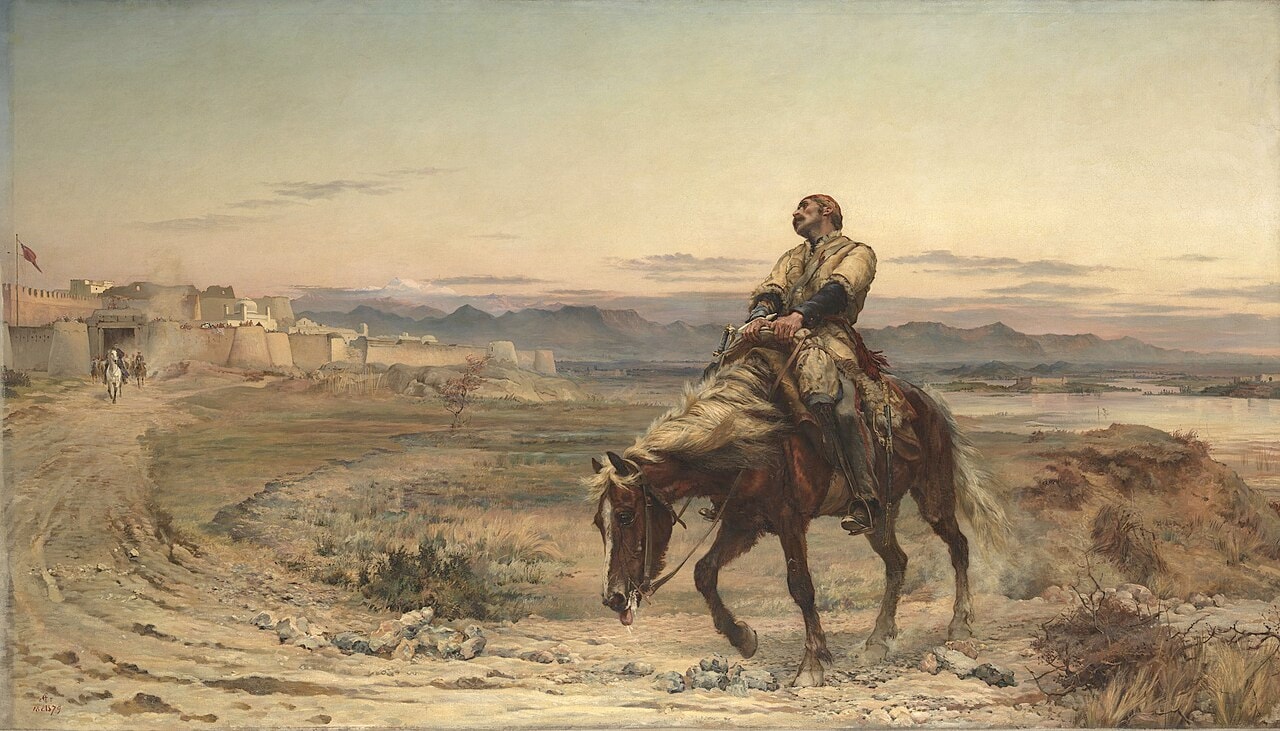 A painting of an exhausted rider on a collapsing horse approaching the walls of Jalalabad.