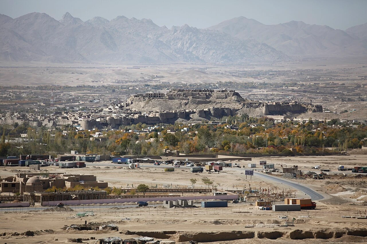 The mud-brick citadel of Ghazni on its hill, seen across open ground.