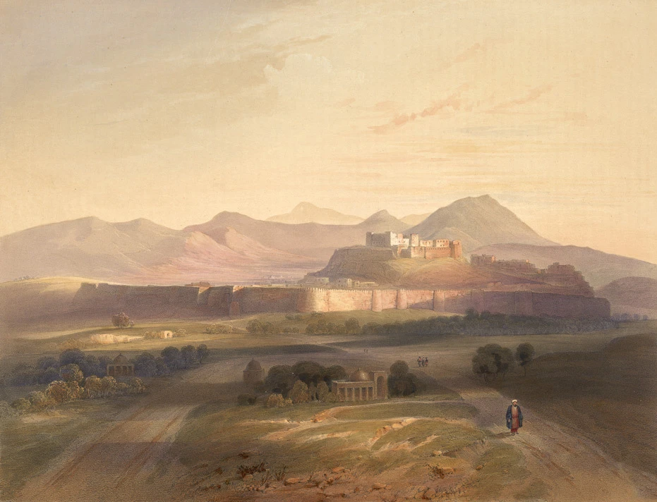 A lithograph of the town and citadel of Ghazni seen from near mosques outside the Kandahar Gate.