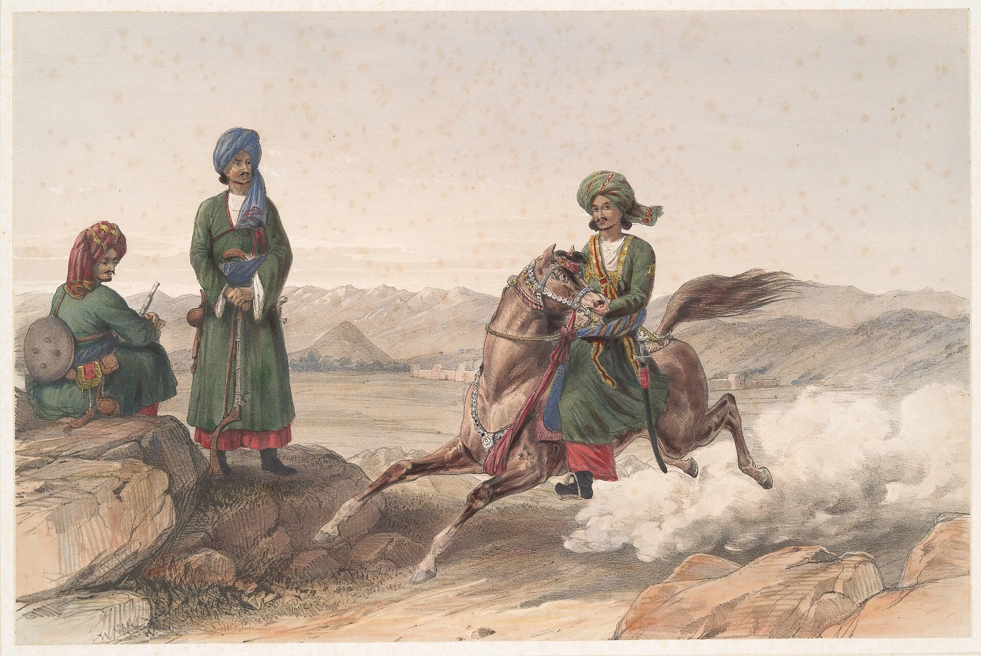 Coloured lithograph of mounted horsemen with lances in front of a mud-walled fort