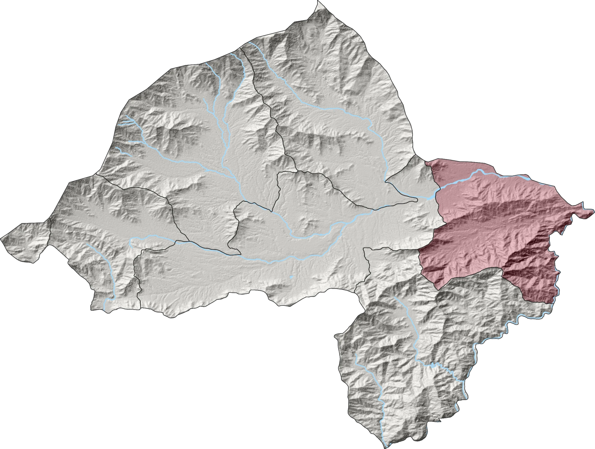 Relief map of Bajaur district with Utmankhel tehsil highlighted