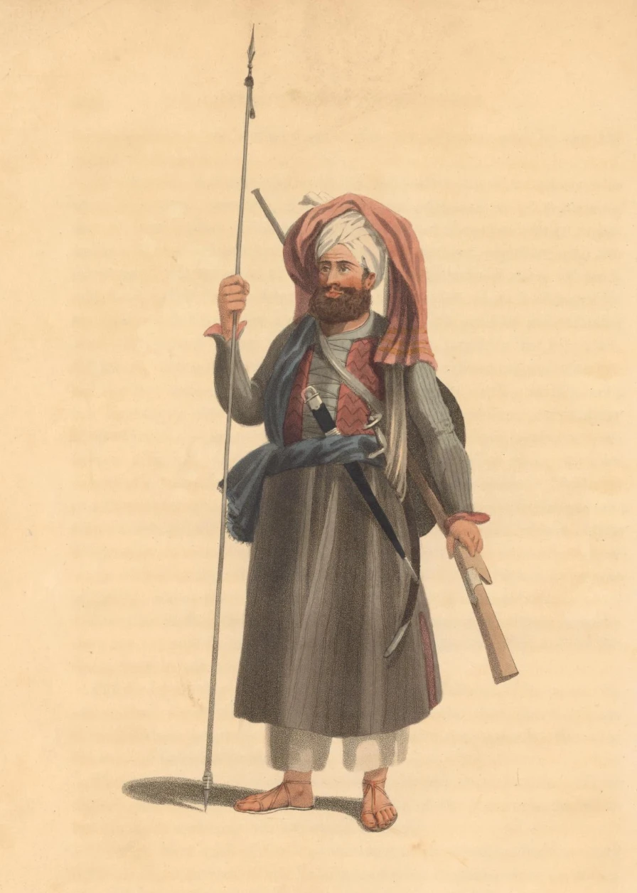A drawing of an armed Yusufzai man in turban and tunic, from Elphinstone's book.