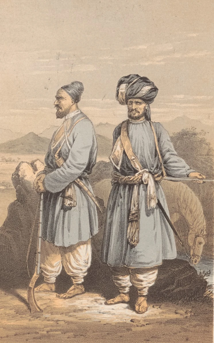 Watercolour of armed men in turbans and long shirts