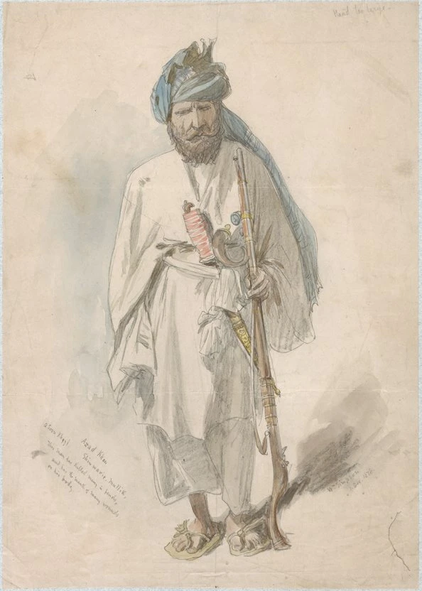 Watercolour of a turbaned man in white robes holding a long matchlock