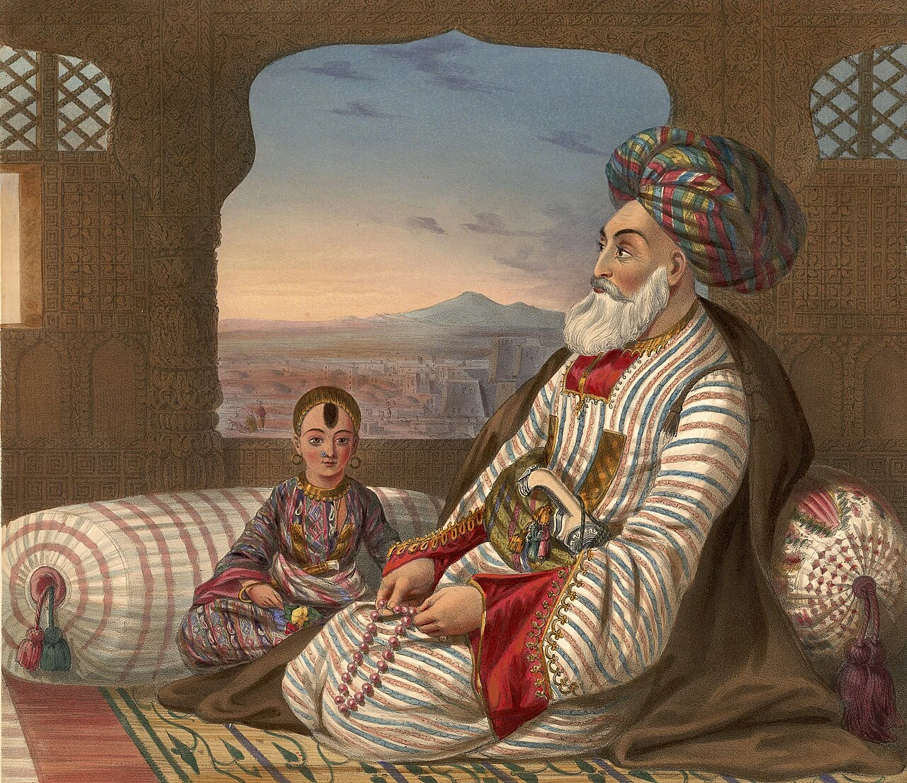 A lithograph of Dost Mohammad seated with his youngest son beside him.
