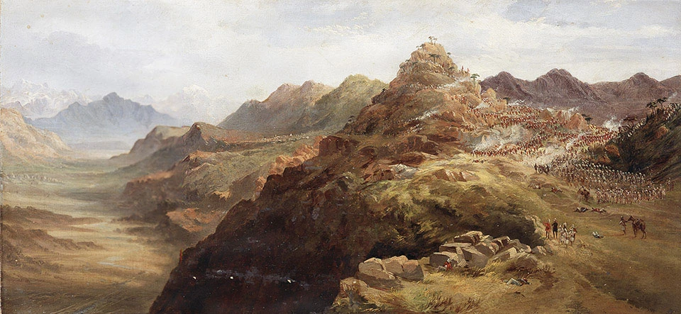An oil painting of British Indian troops fighting tribesmen on a mountainside at Ambela.