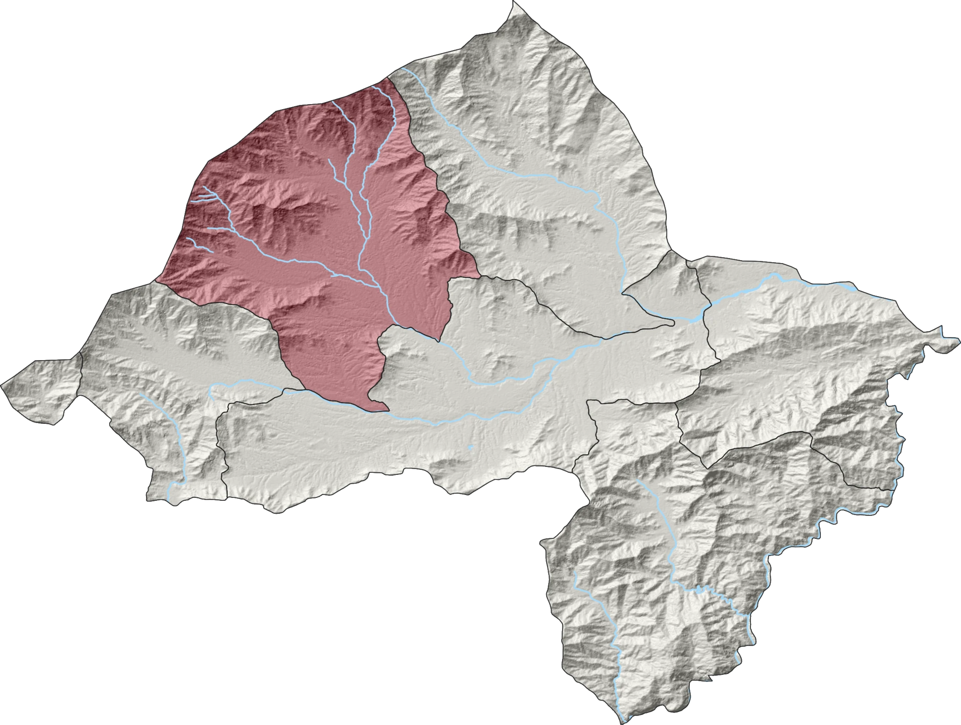 Relief map of Bajaur district with Mamund tehsil highlighted