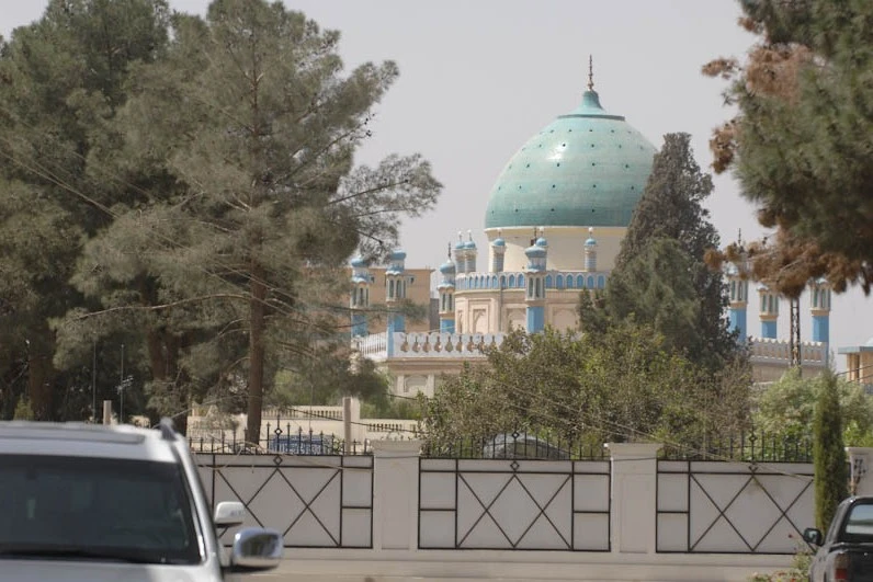 The Friday Mosque compound in Kandahar with a dome and minaret.