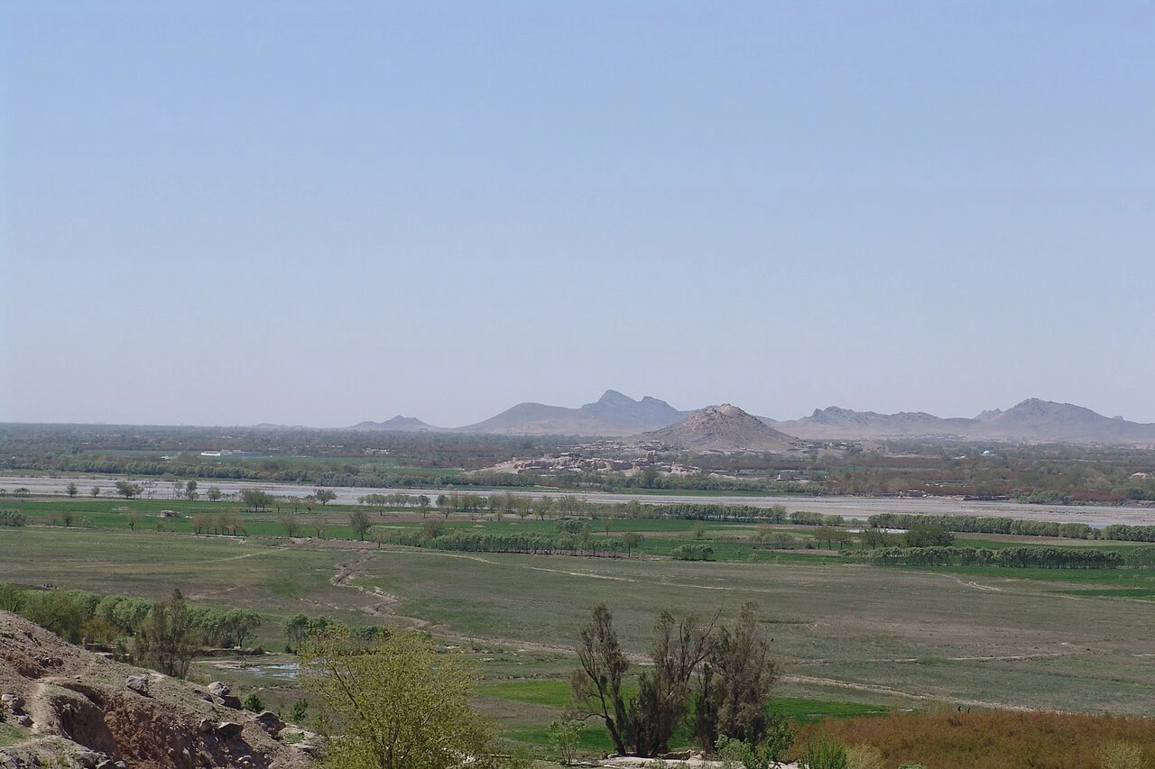 Green orchards and fields in the Arghandab valley near Kandahar.