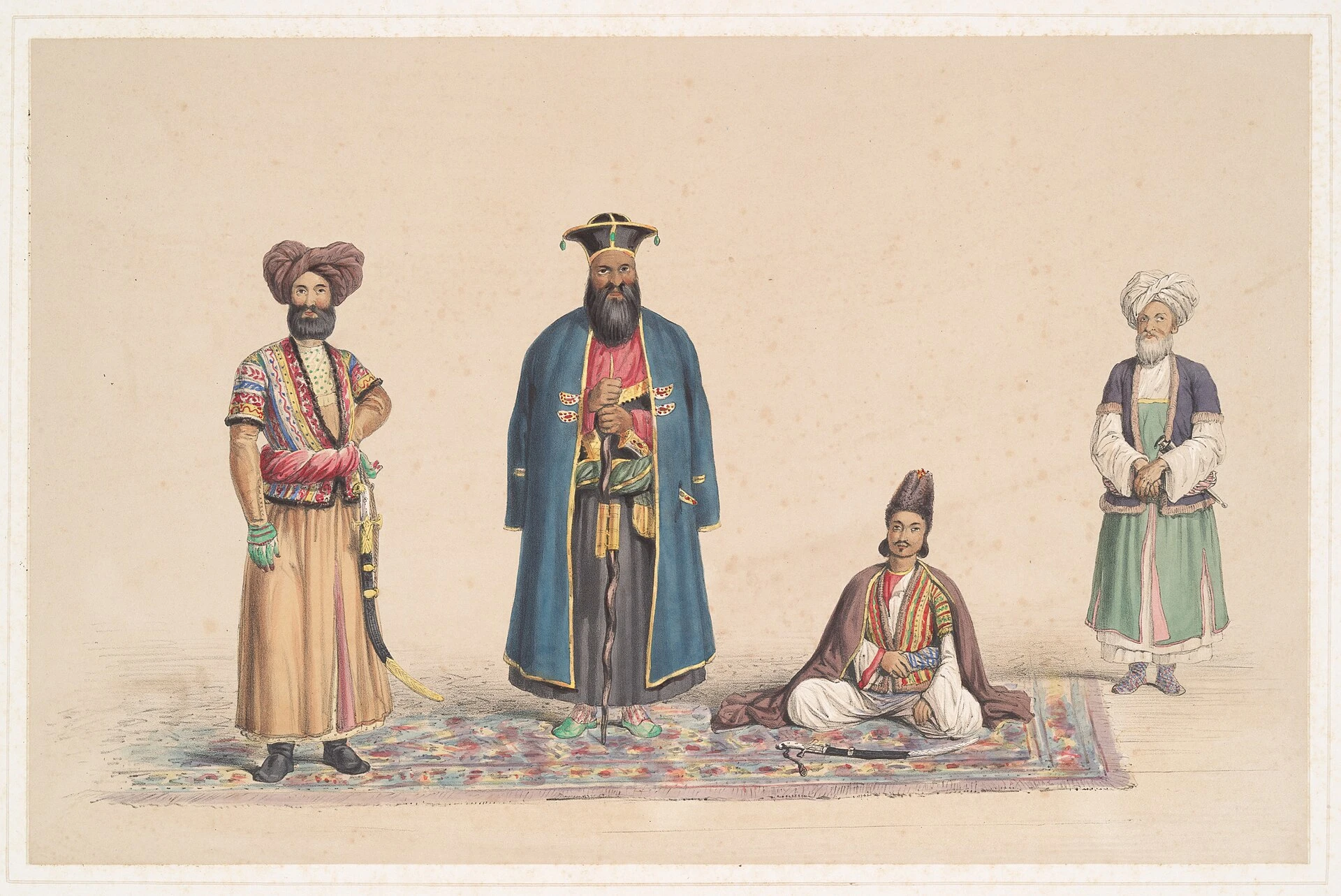 Coloured lithograph of a king seated on a carpet in a palace hall with attendants