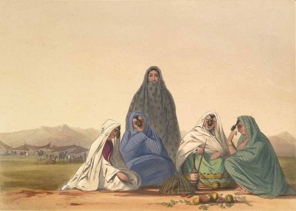 Lithograph of Ghilzai nomad women standing by black tents, with loaded camels and cattle