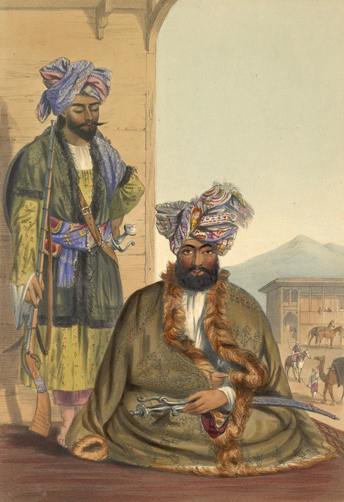 Lithograph portrait of Gul Muhammad Khan, standing, in turban and cloak