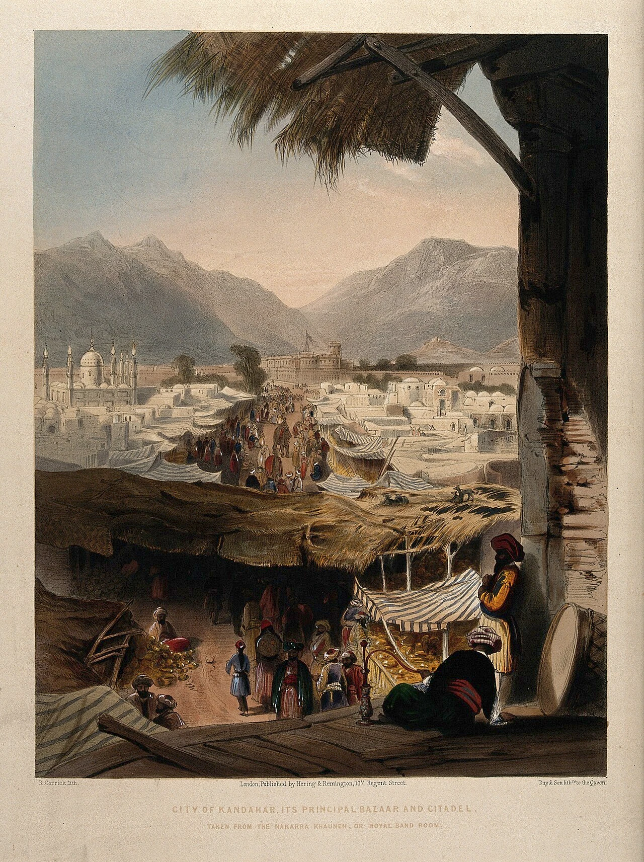 Coloured lithograph of a walled city with a bazaar street and citadel.
