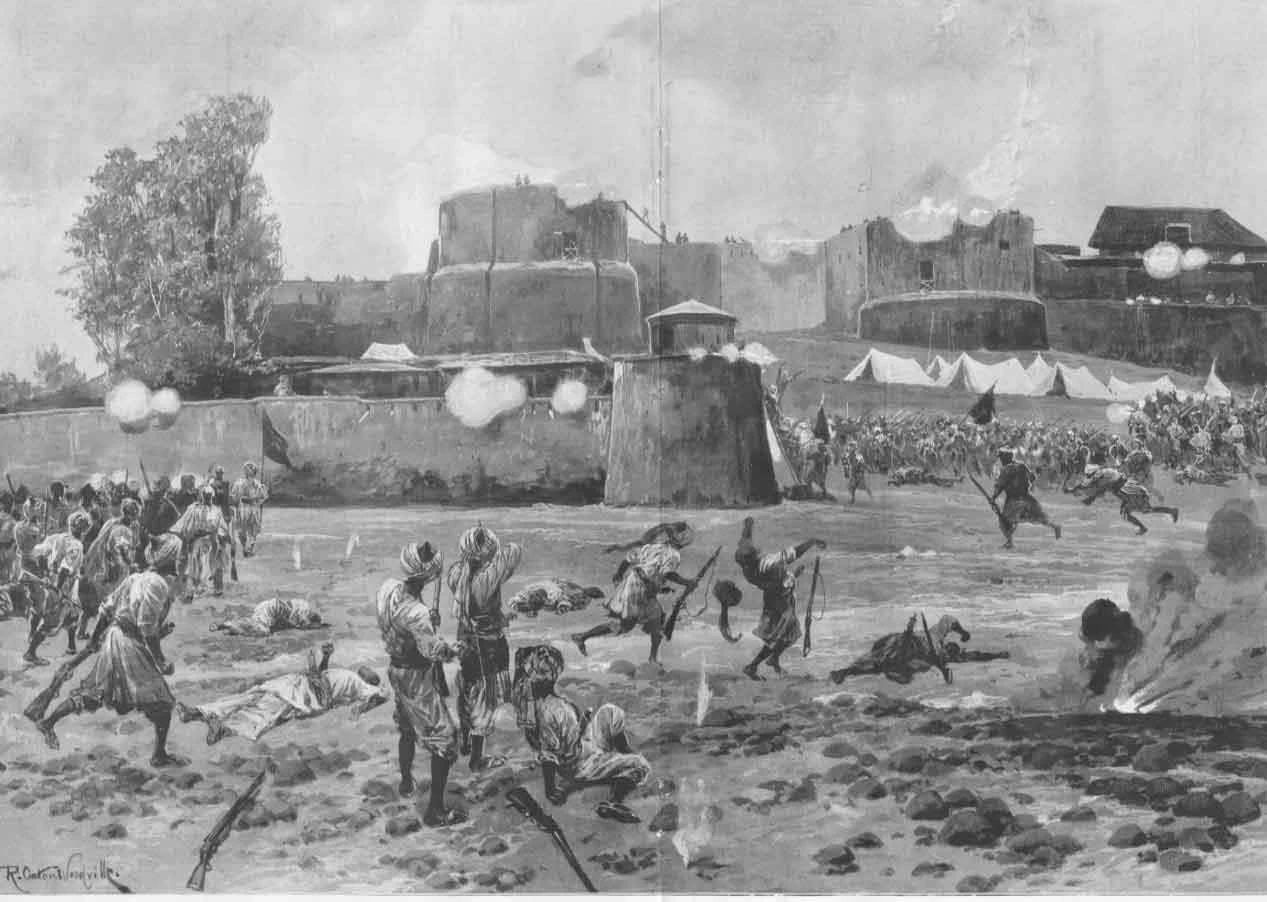 Illustration of armed men attacking the walls of a fort