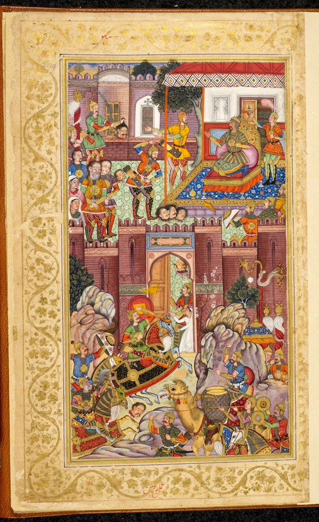 Mughal painting of Babur seated while prisoners are brought before him outside a fort