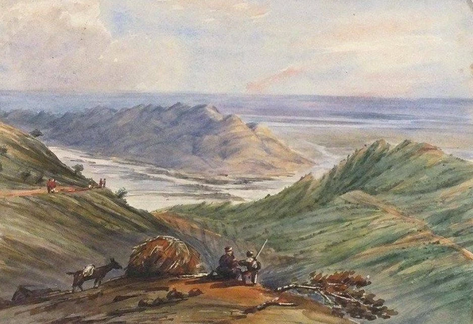 Watercolour of bare ridges above a wide plain and river, with two small figures resting in the foreground
