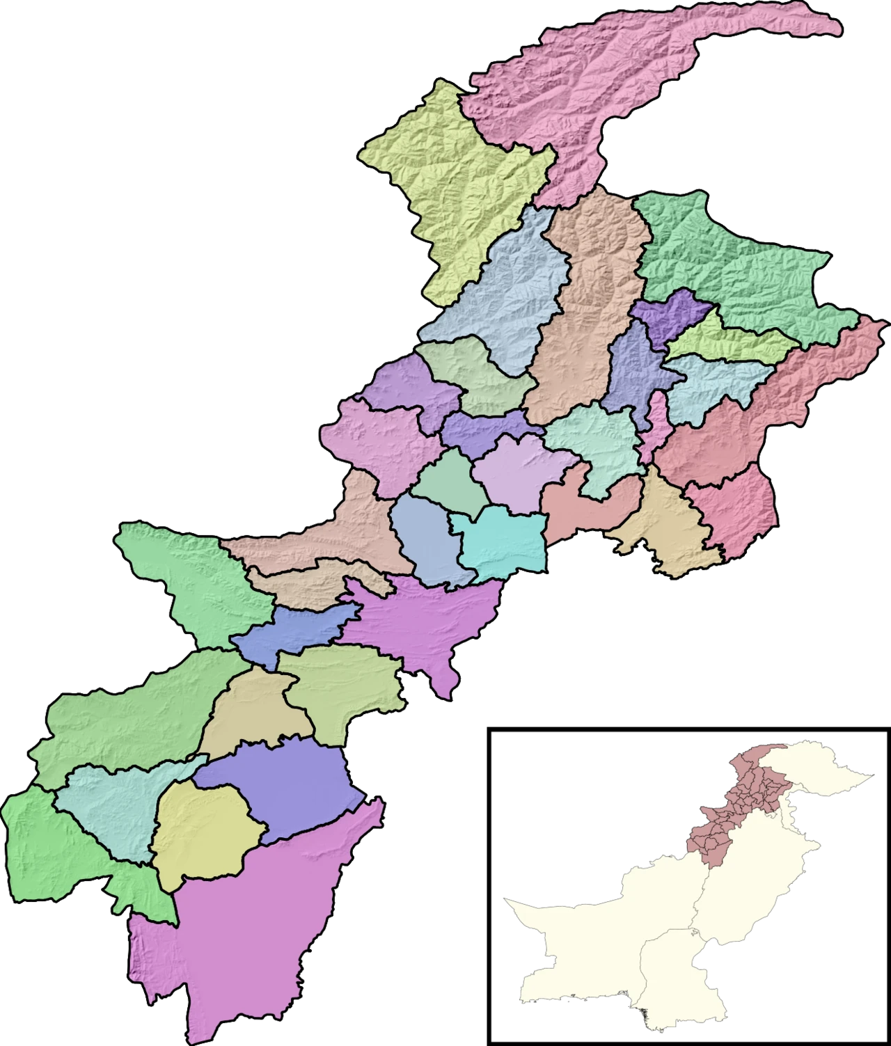 A relief map of Khyber Pakhtunkhwa with its districts outlined.